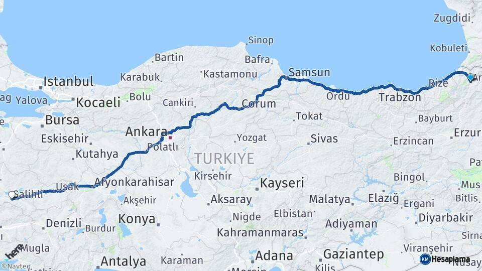 Artvin Salihli Manisa Arası Kaç Km - Yol Haritası