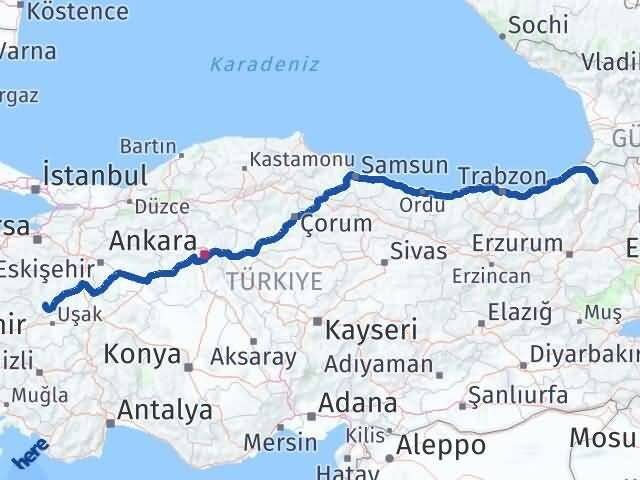 Artvin Şaphane Kütahya Arası Kaç Km - Yol Haritası