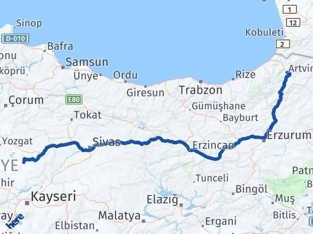 Artvin Sarıkaya Yozgat Arası Kaç Km - Yol Haritası