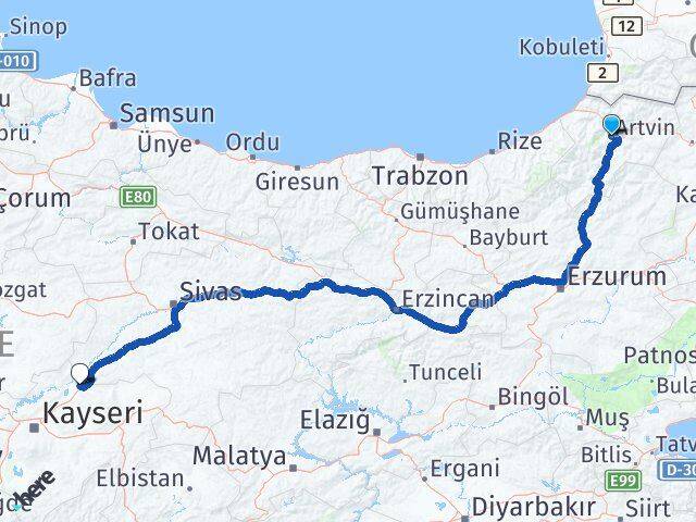 Artvin Sarıoğlan Kayseri Arası Kaç Km - Yol Haritası