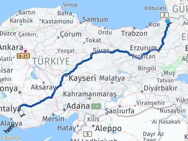 Artvin Sarıveliler Karaman Arası Kaç Km - Yol Haritası