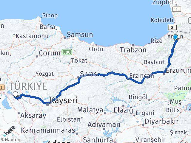 Artvin Sarıyahşi Aksaray Arası Kaç Km - Yol Haritası