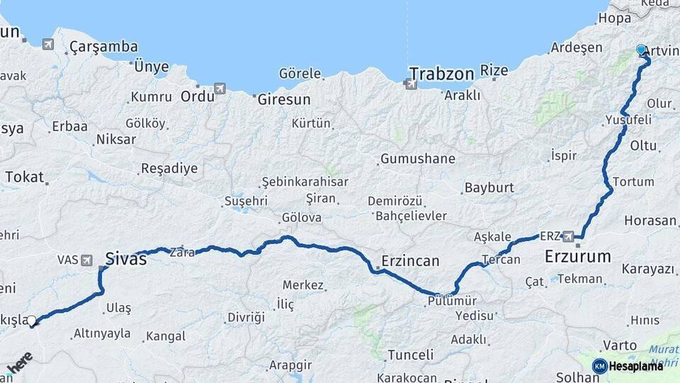 Artvin Şarkışla Sivas Arası Kaç Km - Yol Haritası
