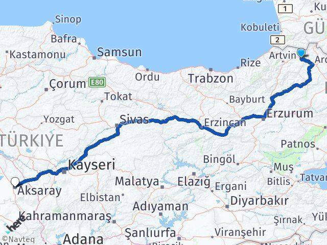 Artvin Şavşat Aksaray Arası Kaç Km - Yol Haritası