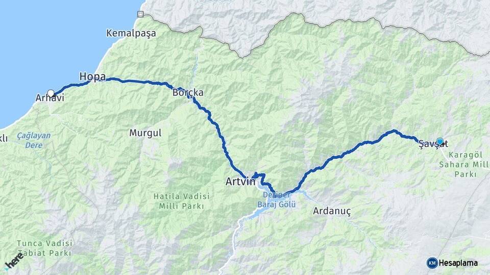 Artvin Şavşat Arhavi Arası Kaç Km - Yol Haritası