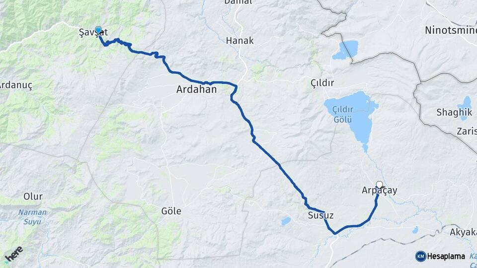 Artvin Şavşat Arpaçay Kars Arası Kaç Km - Yol Haritası