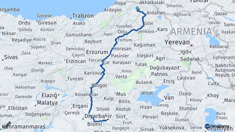 Artvin Şavşat Batman Arası Kaç Km - Yol Haritası