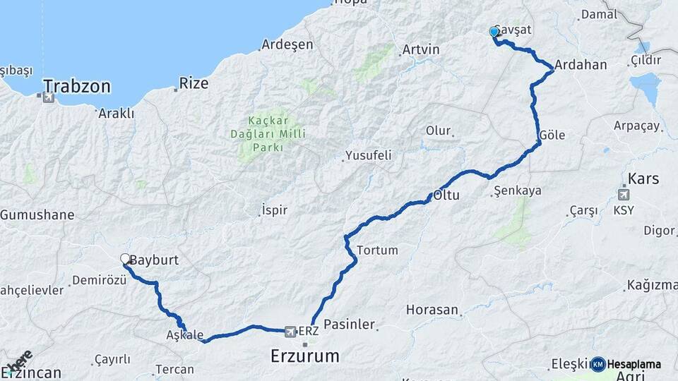 Artvin Şavşat Bayburt Arası Kaç Km - Yol Haritası