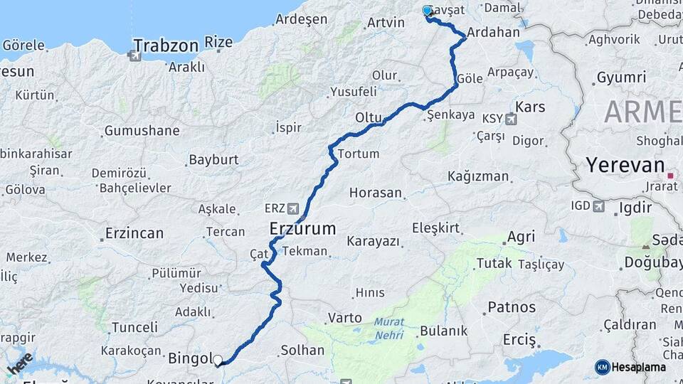 Artvin Şavşat Bingöl Arası Kaç Km - Yol Haritası