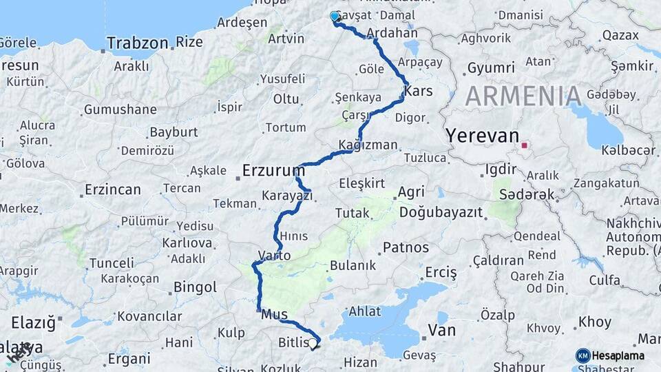 Artvin Şavşat Bitlis Arası Kaç Km - Yol Haritası