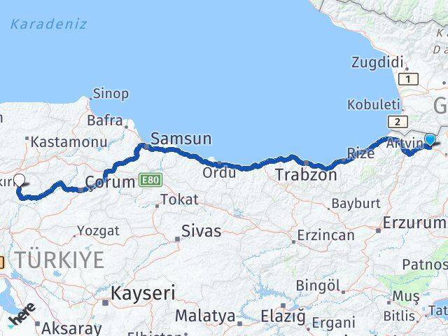 Artvin Şavşat Çankırı Arası Kaç Km - Yol Haritası