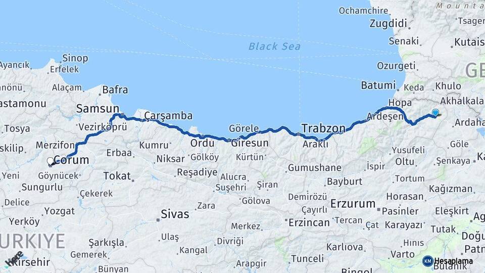 Artvin Şavşat Çorum Arası Kaç Km - Yol Haritası