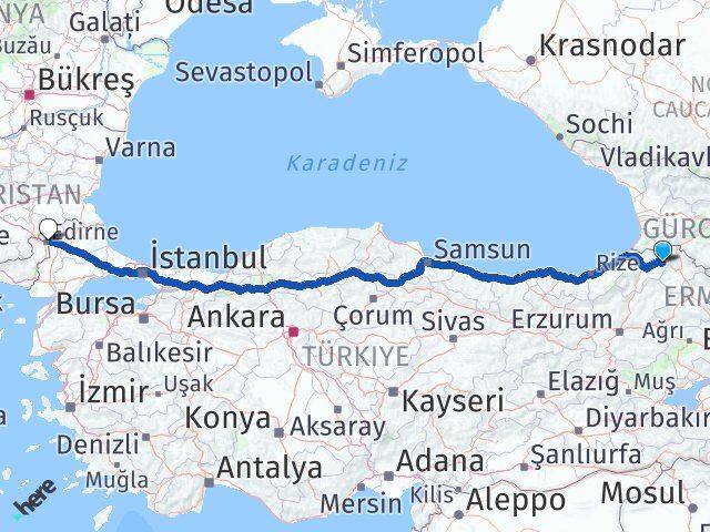 Artvin Şavşat Edirne Arası Kaç Km - Yol Haritası