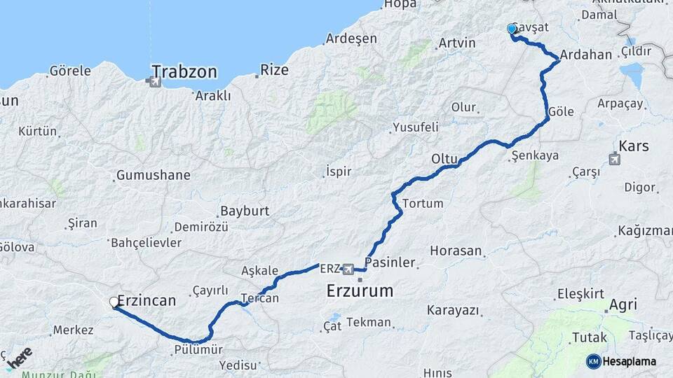 Artvin Şavşat Erzincan Arası Kaç Km - Yol Haritası