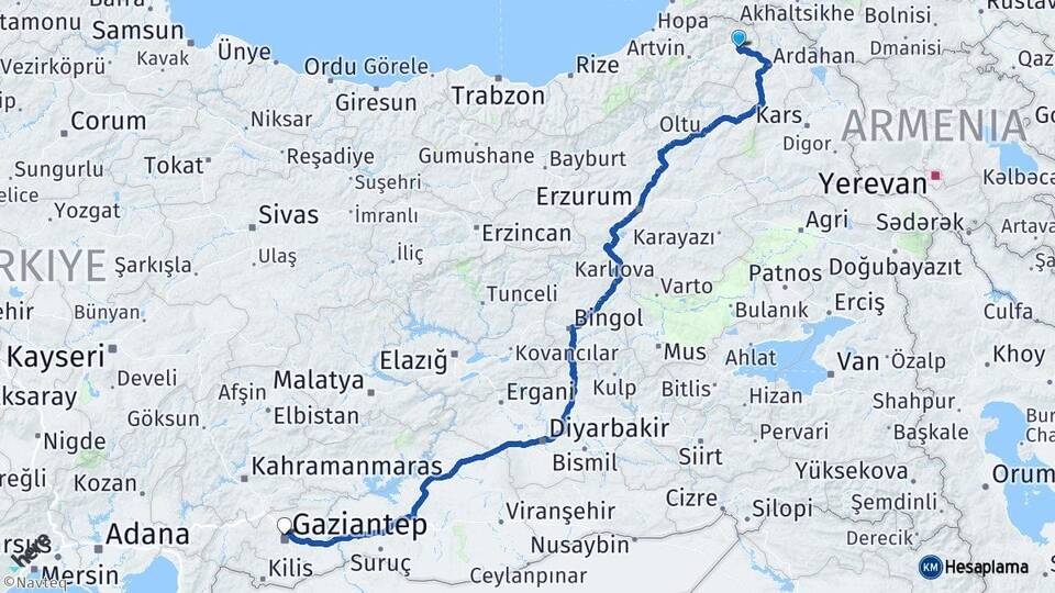 Artvin Şavşat Gaziantep Arası Kaç Km - Yol Haritası