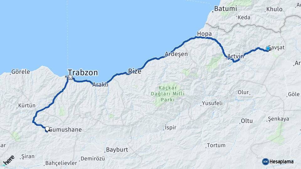 Artvin Şavşat Gümüşhane Arası Kaç Km - Yol Haritası