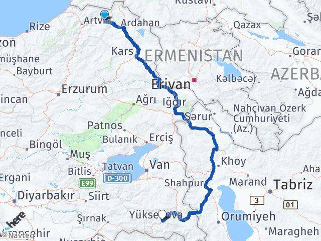 Artvin Şavşat Hakkari Arası Kaç Km - Yol Haritası