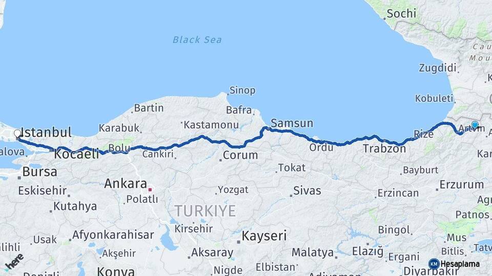 Artvin Şavşat İstanbul Arası Kaç Km - Yol Haritası