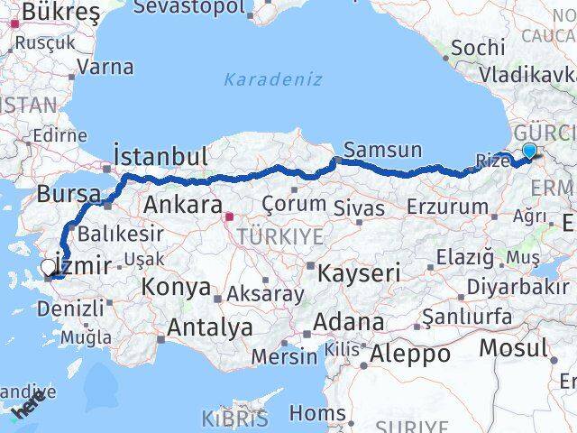 Artvin Şavşat İzmir Arası Kaç Km - Yol Haritası
