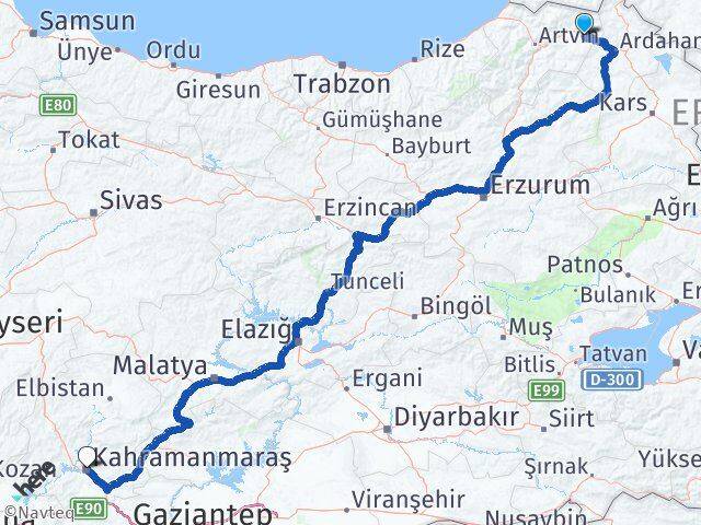 Artvin Şavşat Kahramanmaraş Arası Kaç Km - Yol Haritası
