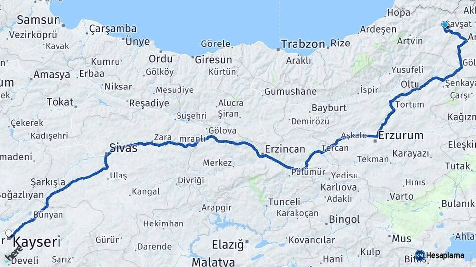 Artvin Şavşat Kayseri Arası Kaç Km - Yol Haritası