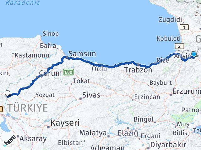 Artvin Şavşat Kırıkkale Arası Kaç Km - Yol Haritası
