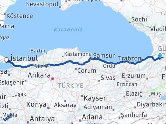Artvin Şavşat Küçükçekmece İstanbul Arası Kaç Km - Yol Haritası