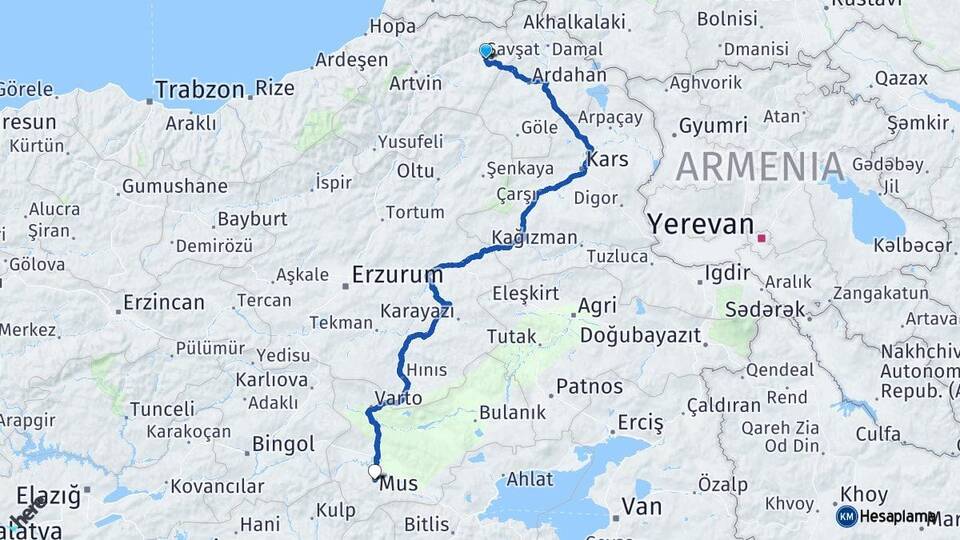 Artvin Şavşat Muş Arası Kaç Km - Yol Haritası