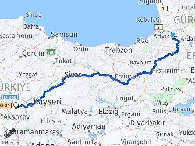 Artvin Şavşat Nevşehir Arası Kaç Km - Yol Haritası