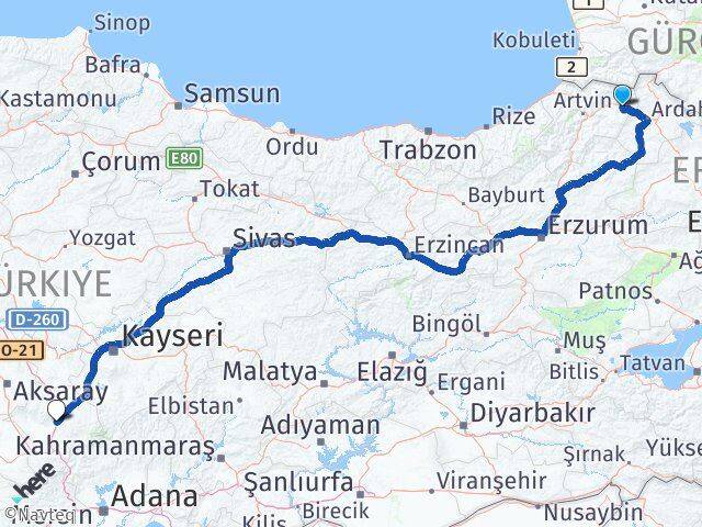 Artvin Şavşat Niğde Arası Kaç Km - Yol Haritası