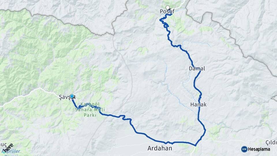 Artvin Şavşat Posof Ardahan Arası Kaç Km - Yol Haritası