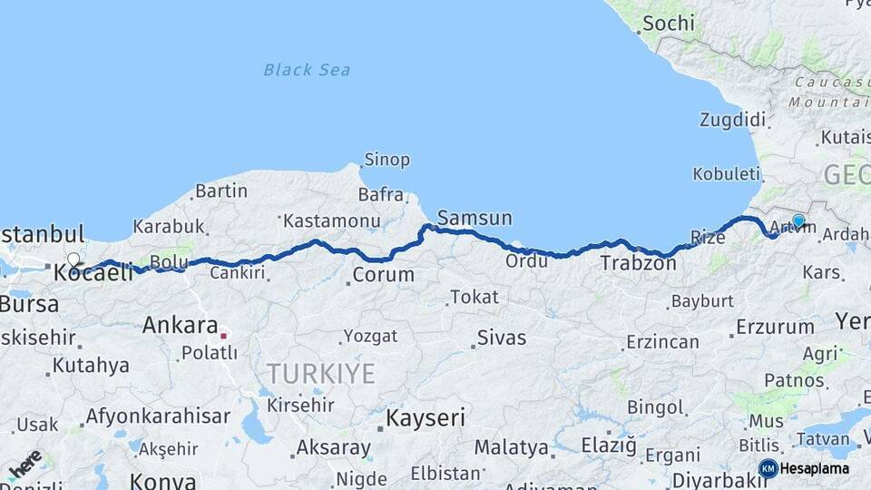 Artvin Şavşat Sakarya Arası Kaç Km - Yol Haritası