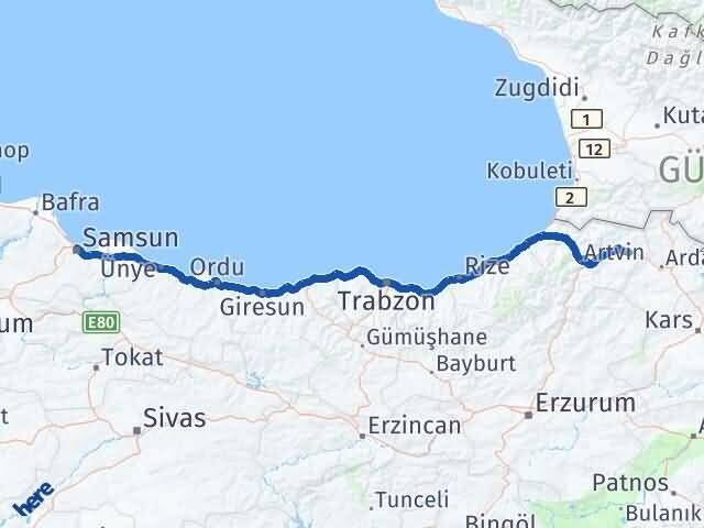 Artvin Şavşat Samsun Arası Kaç Km - Yol Haritası