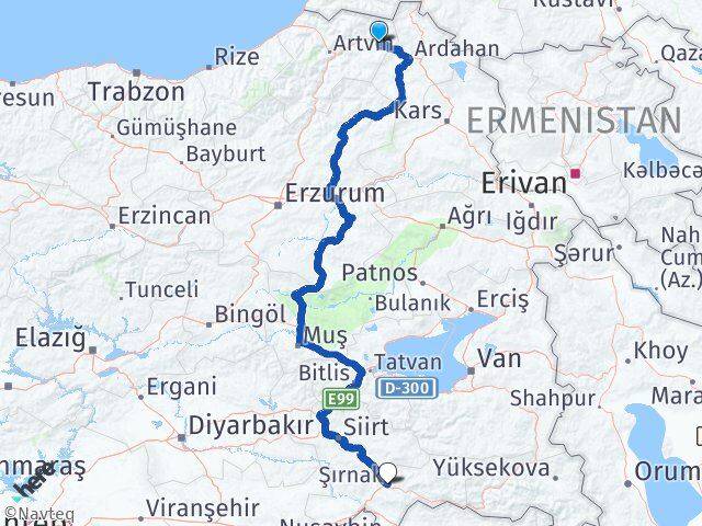 Artvin Şavşat Şırnak Arası Kaç Km - Yol Haritası