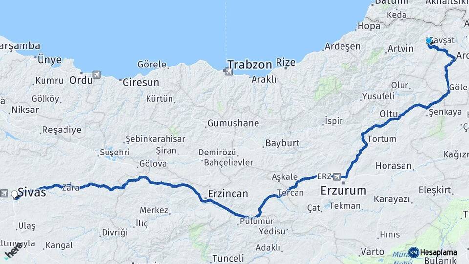 Artvin Şavşat Sivas Arası Kaç Km - Yol Haritası
