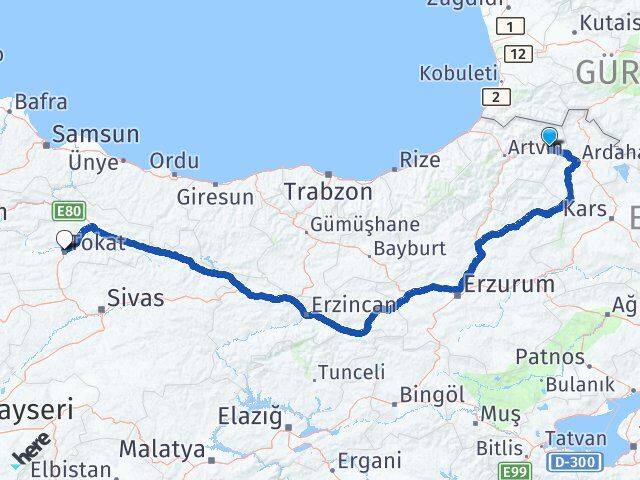 Artvin Şavşat Tokat Arası Kaç Km - Yol Haritası