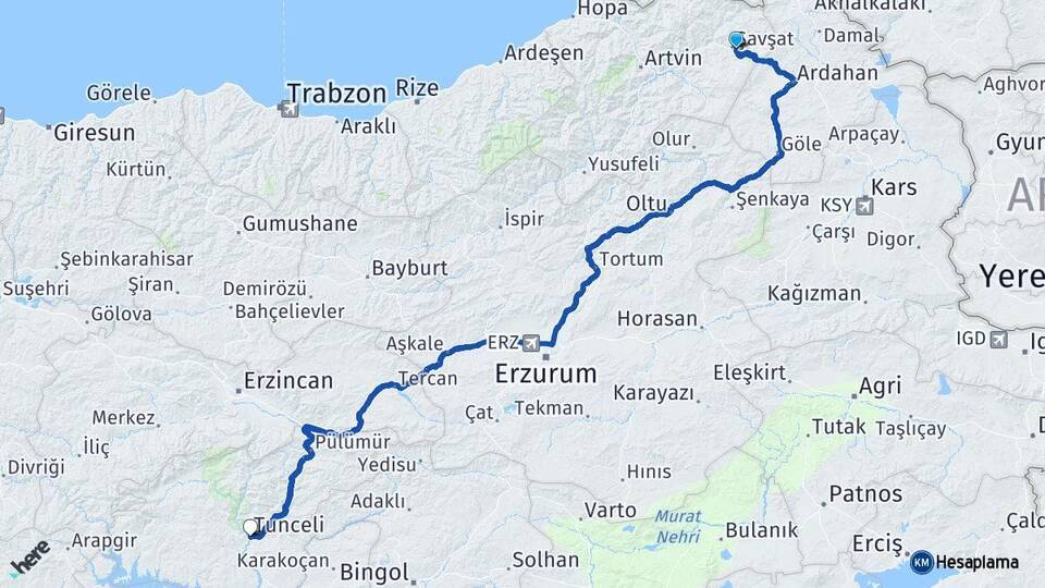 Artvin Şavşat Tunceli Arası Kaç Km - Yol Haritası