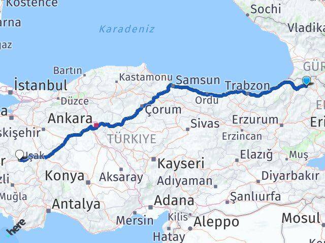 Artvin Şavşat Uşak Arası Kaç Km - Yol Haritası