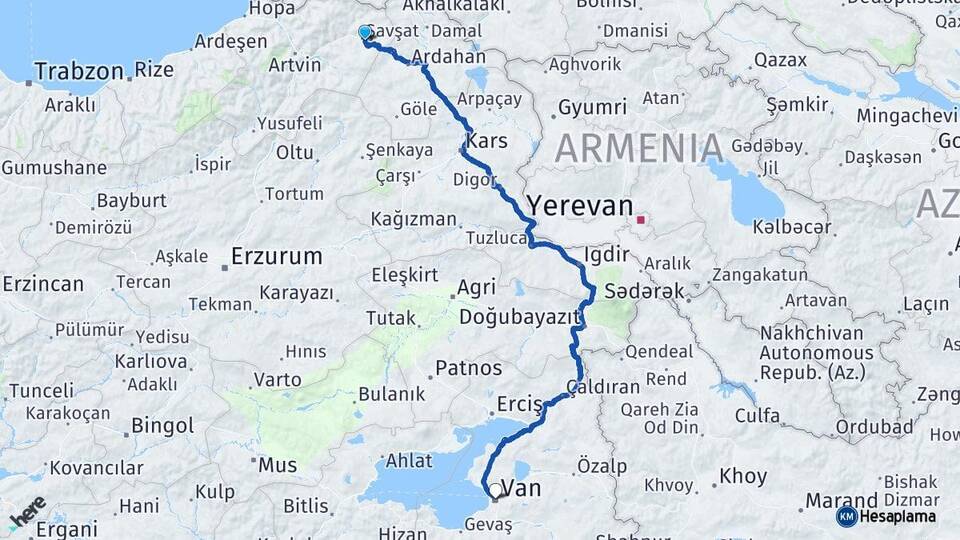 Artvin Şavşat Van Arası Kaç Km - Yol Haritası