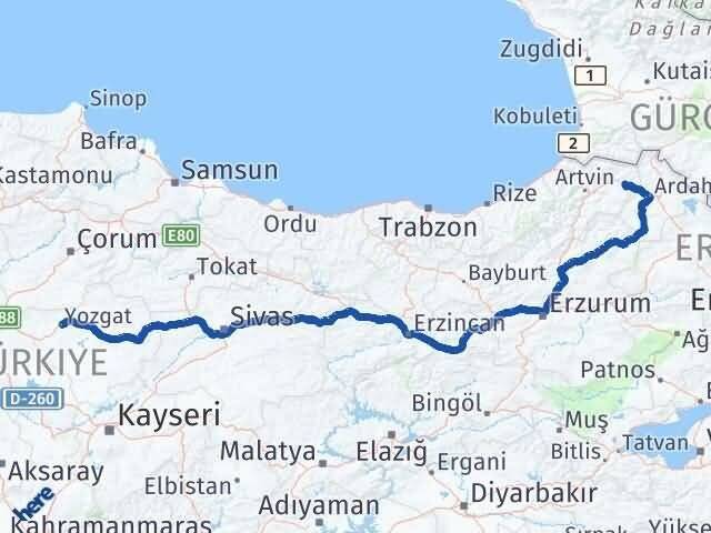Artvin Şavşat Yozgat Arası Kaç Km - Yol Haritası