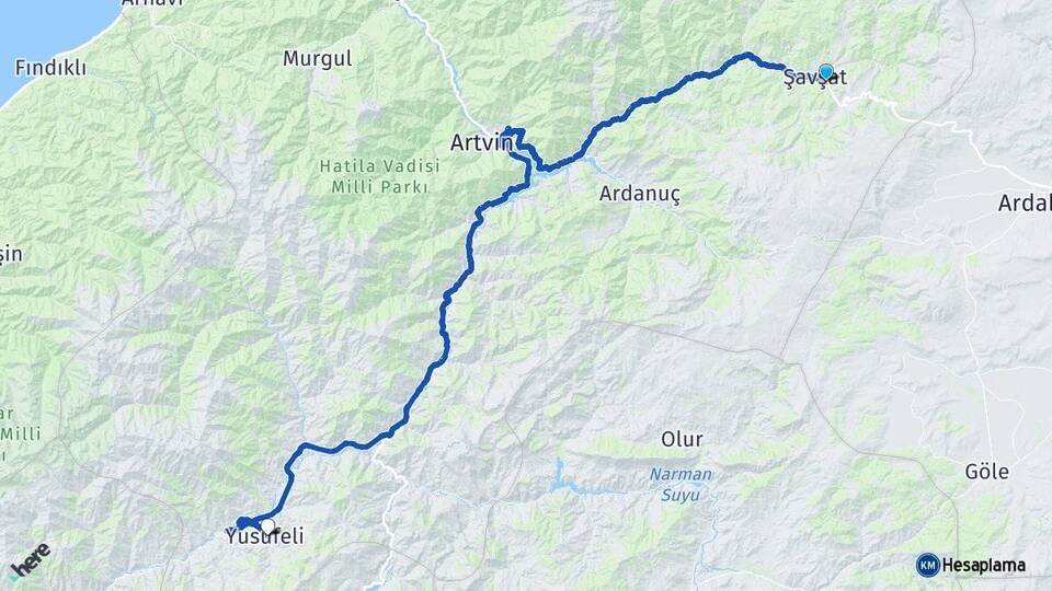 Artvin Şavşat Yusufeli Arası Kaç Km - Yol Haritası