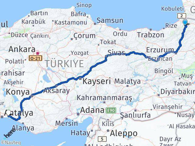 Artvin Serik Antalya Arası Kaç Km - Yol Haritası