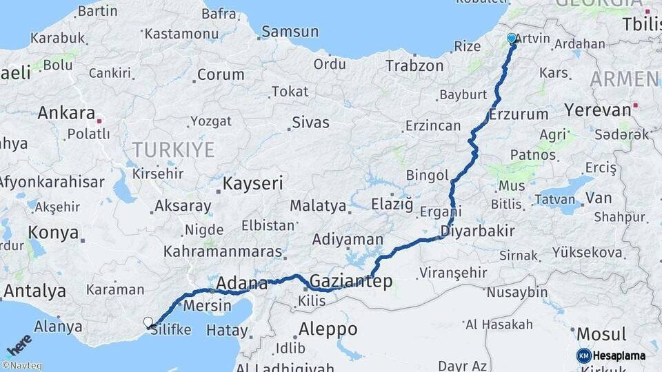Artvin Silifke Mersin Arası Kaç Km - Yol Haritası