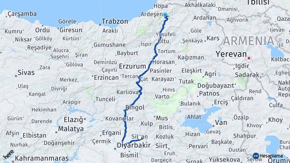 Artvin Silvan Diyarbakır Arası Kaç Km - Yol Haritası