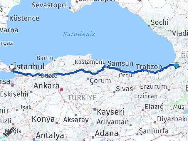 Artvin Şişli İstanbul Arası Kaç Km - Yol Haritası