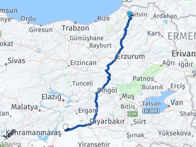 Artvin Siverek Şanlıurfa Arası Kaç Km - Yol Haritası