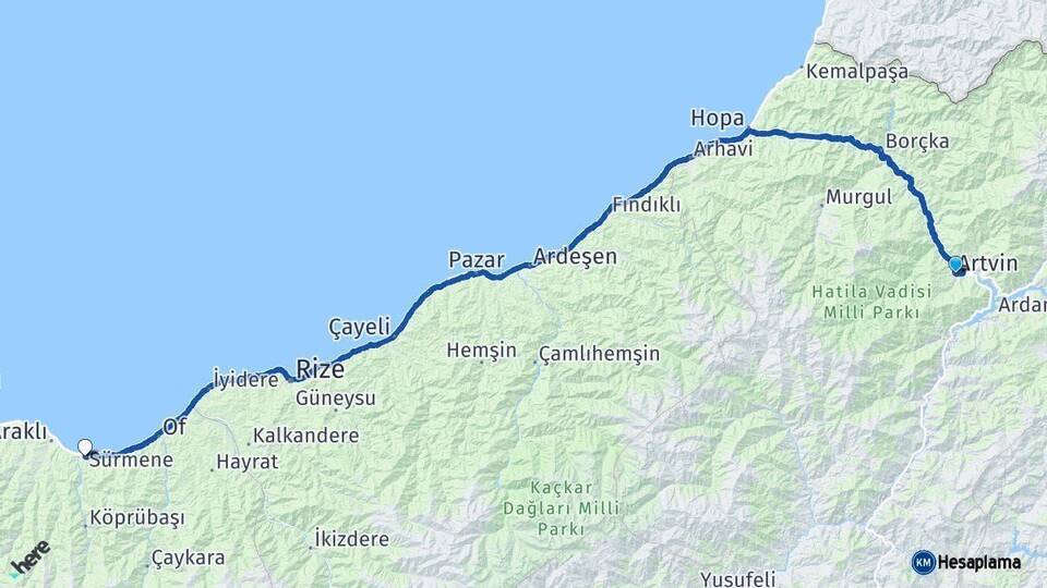 Artvin Sürmene Trabzon Arası Kaç Km - Yol Haritası