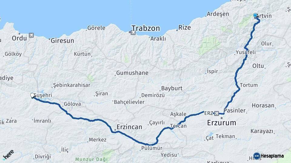 Artvin Suşehri Sivas Arası Kaç Km - Yol Haritası