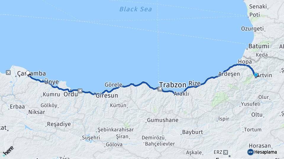 Artvin Terme Samsun Arası Kaç Km - Yol Haritası