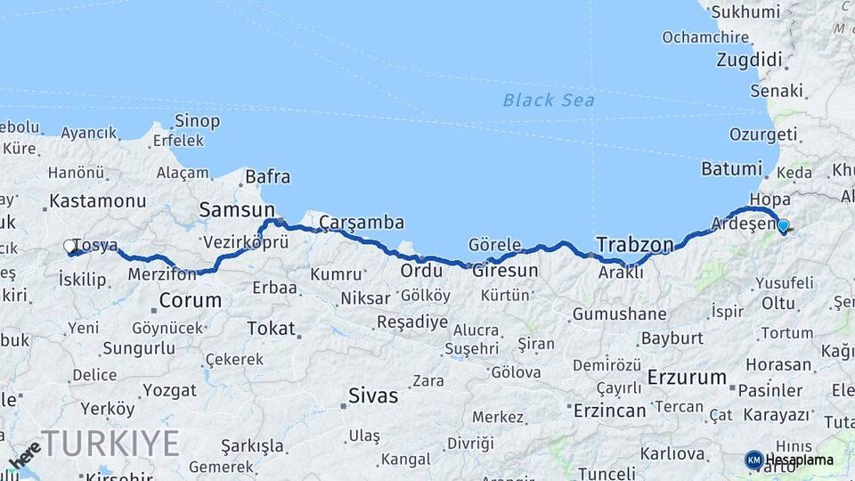 Artvin Tosya Kastamonu Arası Kaç Km - Yol Haritası
